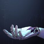 3D robot hand background, AI technology side view